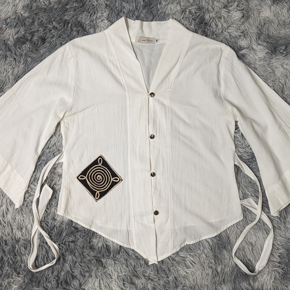 Eastern Serenity Sz M 100% Cotton Mandarin Collar V-neck Broad Cuff Asymmetrical